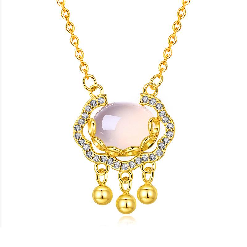 S925 Sterling Silver with Diamonds, Chalcedony White Safety Lock Necklace, Simple Classic Elements, National Style Design Collarbone Chain