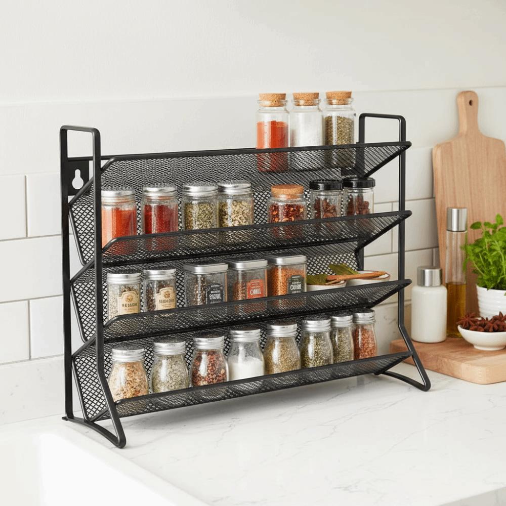 4 Tier Kitchen Spice Rack Carbon Steel Space Saving Spice Bottle Storage Rack Multi-function Seasoning Jar Organizer