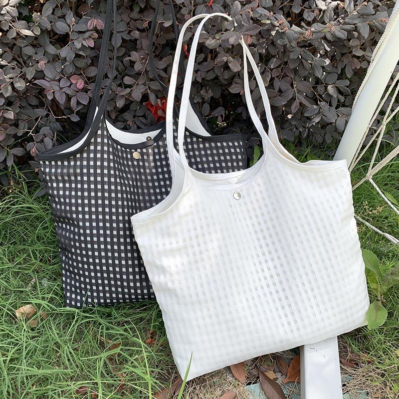 Simple Plaid Canvas Bag Female Single Shoulder Summer Literary Large Capacity Bag