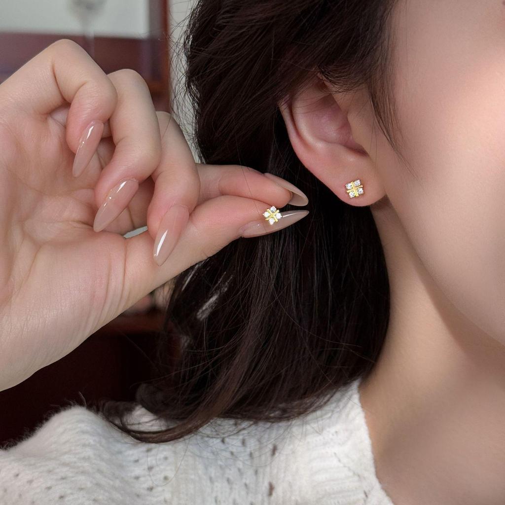 18K Gold-Plated S925 Sterling Silver Stud Earrings - Rhombus, Cross, Floral Design for Women, Niche Style