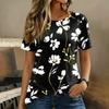 Women’s Round Neck Short Sleeve Top with Floral Print and Button Casual Loose Fit T Shirt Blouse for Daily Wear