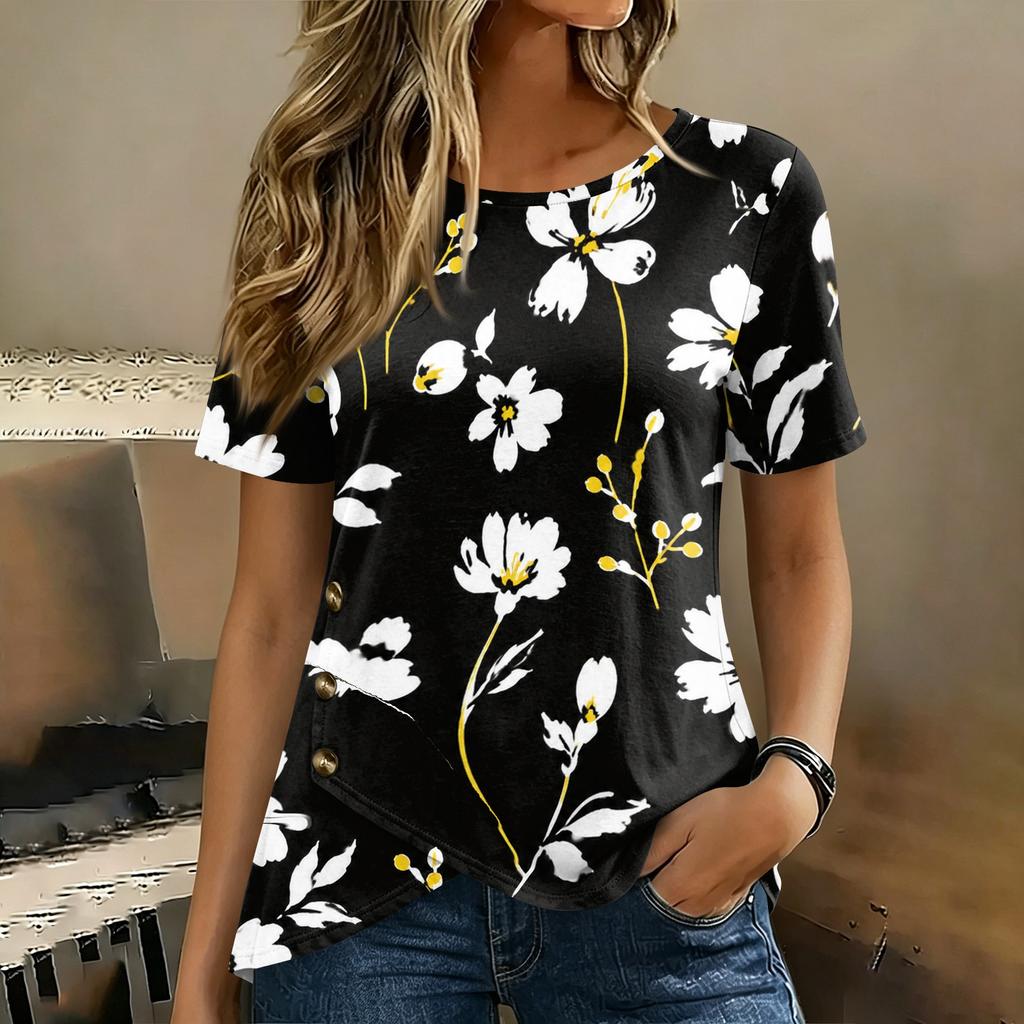 Women’s Round Neck Short Sleeve Top with Floral Print and Button Casual Loose Fit T Shirt Blouse for Daily Wear