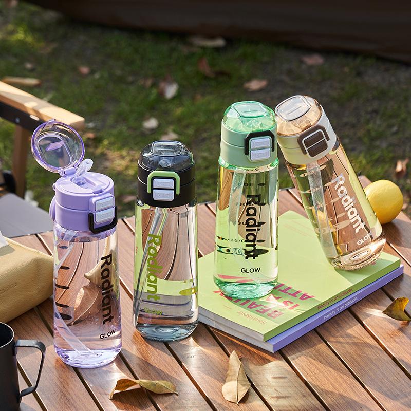 Water Bottle Carrying Ring Portable Sports Kettle Male and Female Straw Cup Student Double Drinking Cup Outdoor Plastic Cup with Elastic Cover