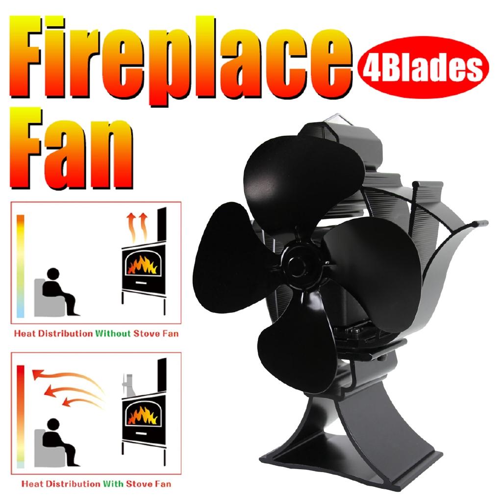 

4Blade Stove Fan Fireplace Fan Swing Head Heat Powered Wood Burner Efficient Eco-friendly Home Heat Distribution Black New