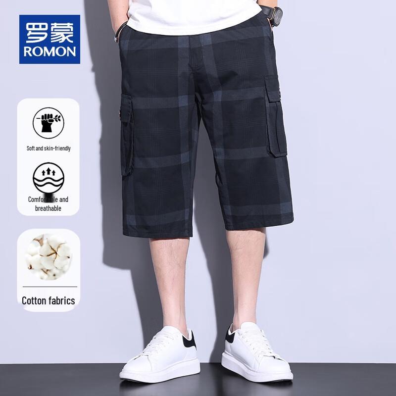 ROMON Men s Summer Cotton Plaid Capri Shorts 3XL 175/80A