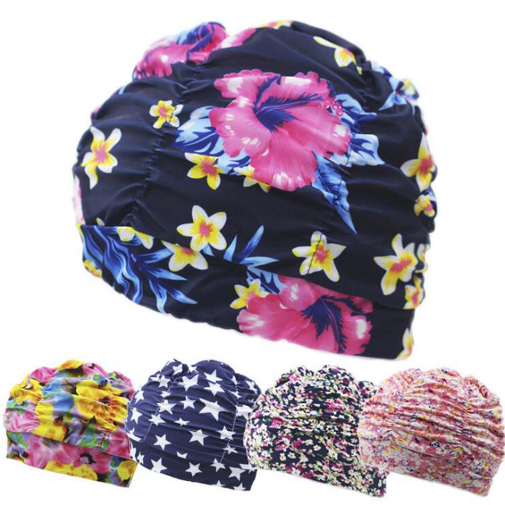 Shower Cap Elastic Nylon Turban Flowers Printed Swimming Cap Pool Bathing Hat Long Hair Protect Waterproof Hats for Men Women