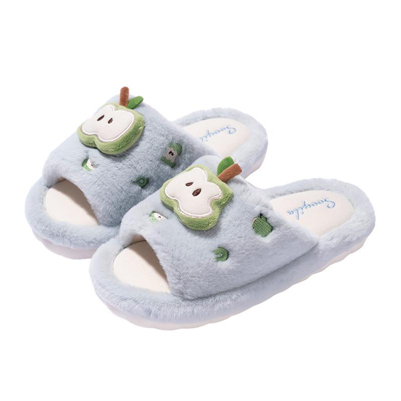 

Новые милые мультяшные яблочные открытые пушистые тапочки зимние домашние теплые хлопковые тапочки с нескользящей подошвой 40-41 небесно-голубой