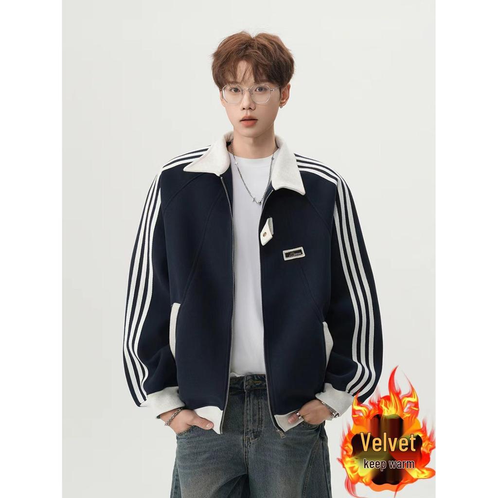 Unisex Academy Style Stand Collar Jacket - Autumn/Winter Loose Fit, Plus Velvet, Sporty Baseball Hoodie Outerwear.