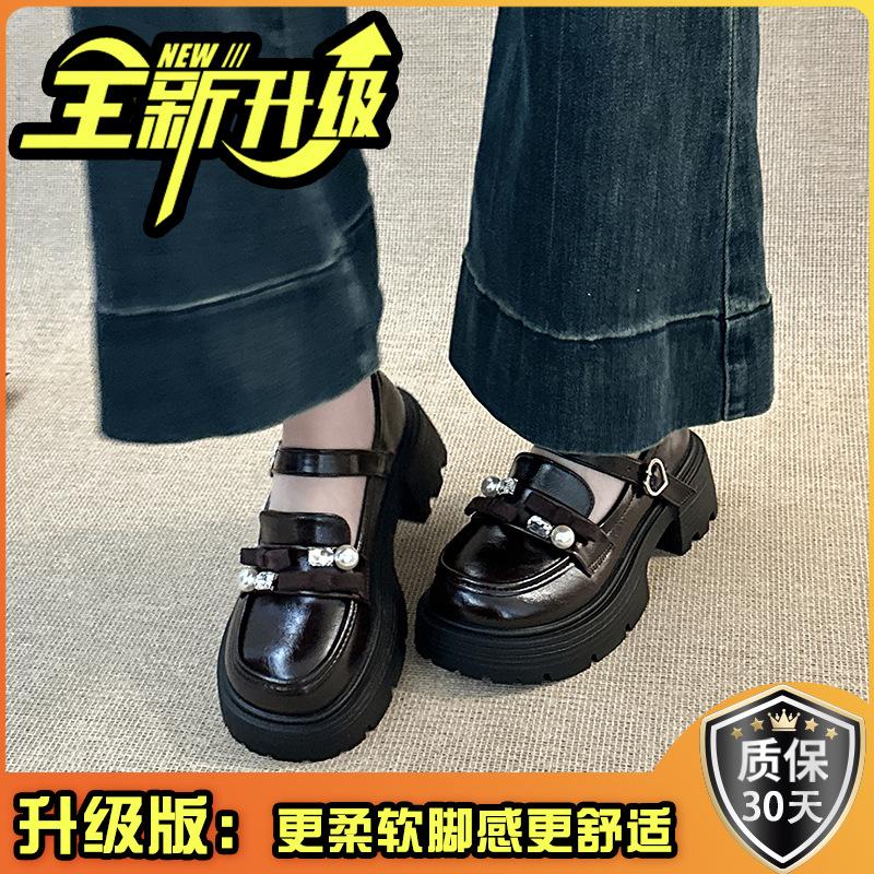 British style bow pearl Mary Jane shoes women's autumn fashion retro platform heightening thick heel high heel single shoes tide