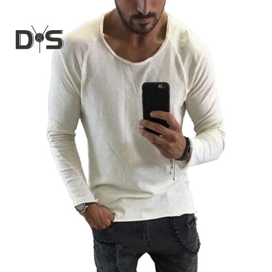 

Весна Осень Мужской Топ Приталенный Покрой Рваный Край О-Образный Вырез Однотонный Длинный Рукав Пуловер Средней Длины Повседневная Одежда В Ретро Стиле Повседневная Футболка XXL белый