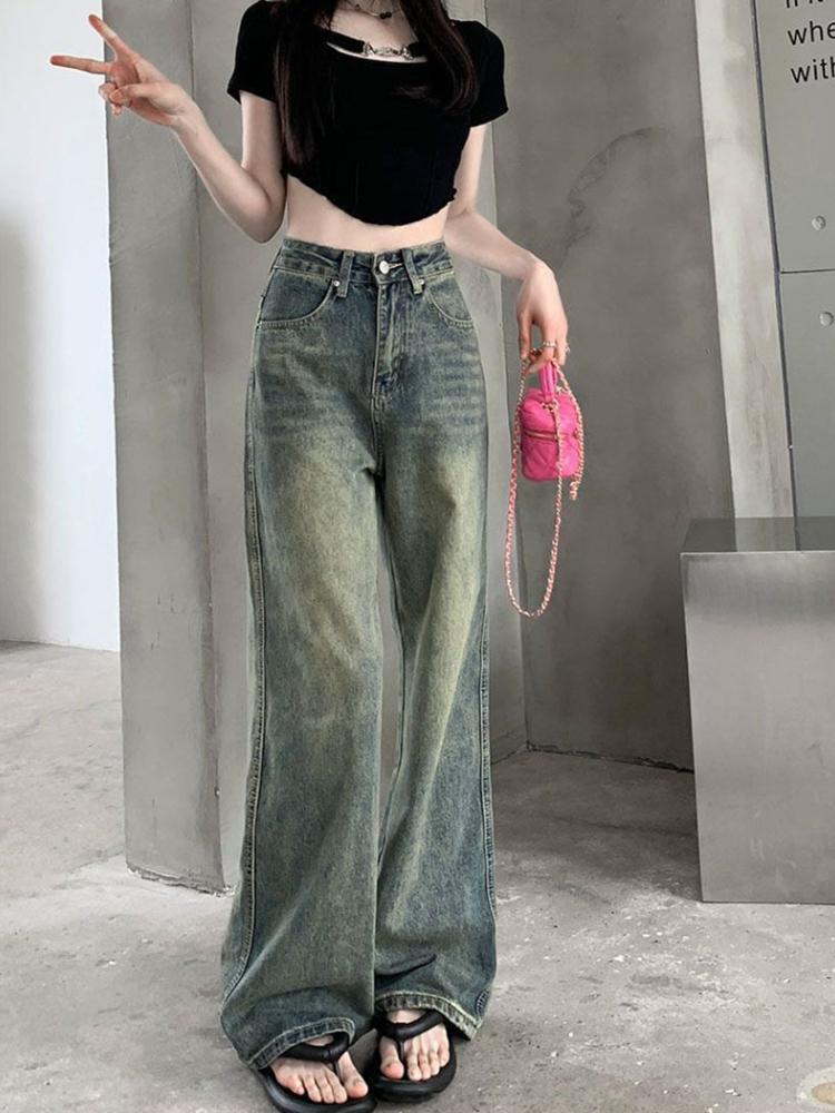 2000s Vintage Lengthen Straight Jeans Women Chic Korean High Waist Washed Denim Pants Female Elegant Streetwear Loose Wide Leg Trousers