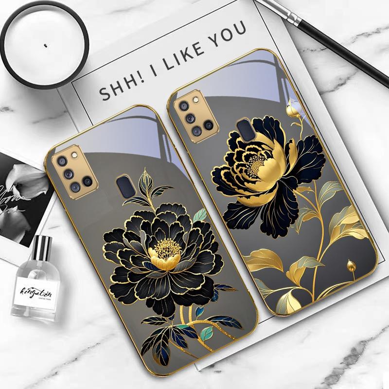 Black Gold Peony Flower For Samsung A 31 32 A33 A34 35 14 A15 13 16 25 26 50 52 53 54 55 56 70 71 72 73 Golden glass phone case
