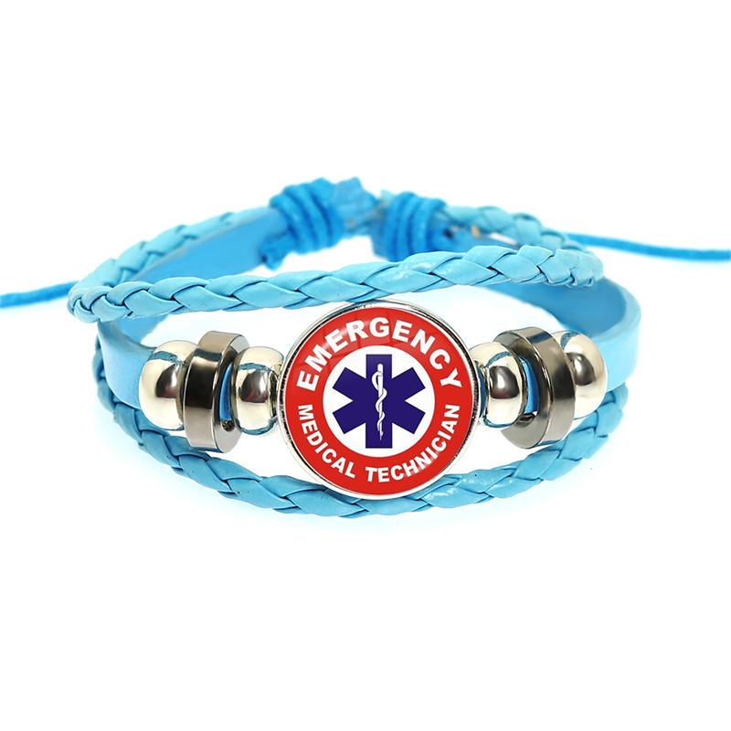 Emergency Medical Technician Paramedic Symbol Logo Black Button Leather Bracelet Glass Dome Blue Star of Life Logo Jewelry