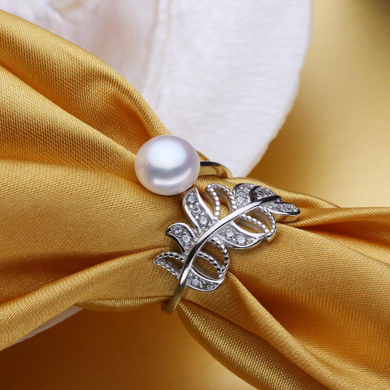 LSOOYH Blatt-natürliche Süßwasserperlen-Ringe für Frauen, zierlicher Bohemia-Zirkonia-verstellbarer Ring