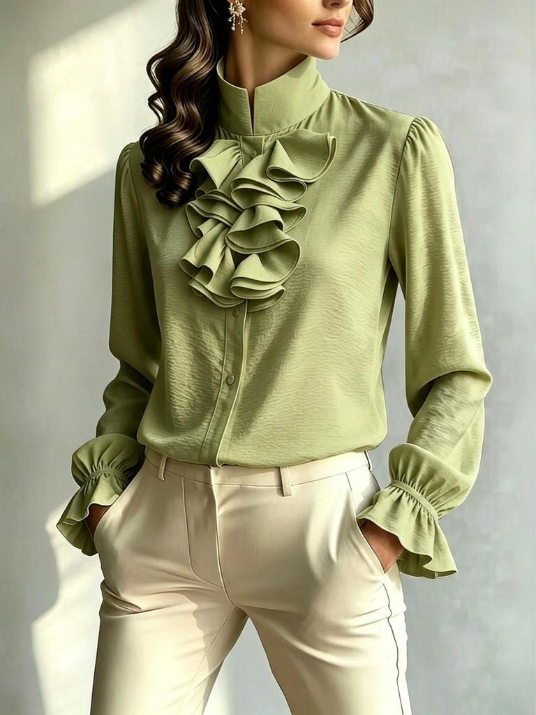 Dames 2025 Europese Stijl Ruches Opstaande Kraag Los Blouse
