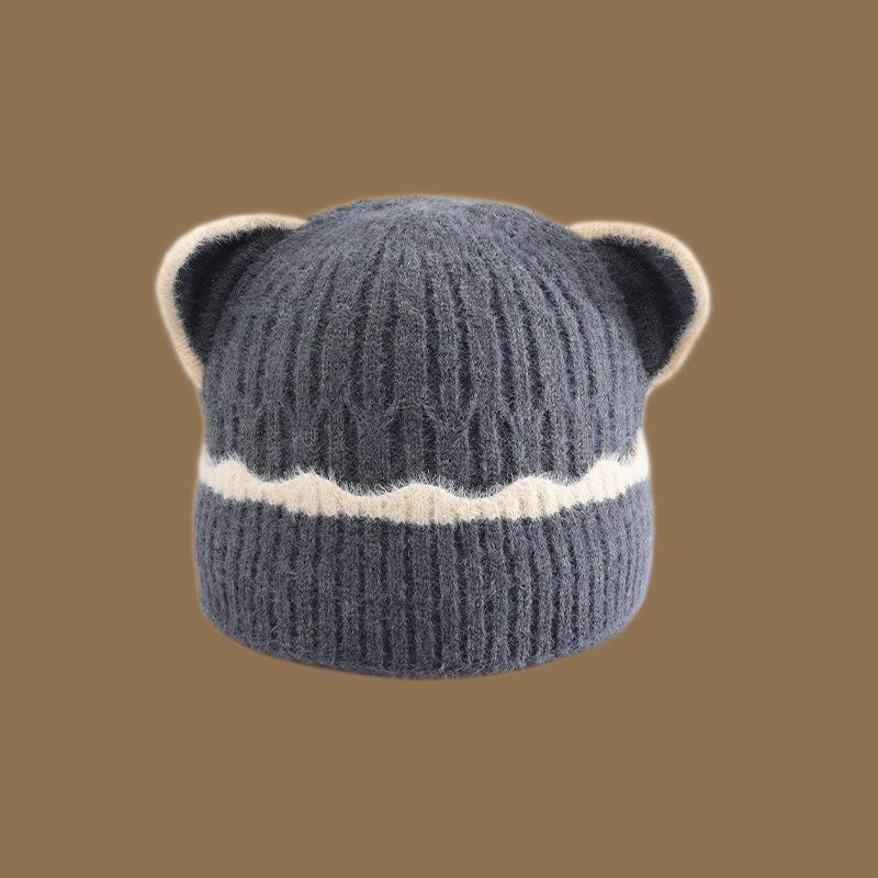 

Зимняя милая мультяшная плюшевая шляпа с широкими полями для женщин в японском стиле, теплая и утолщенная, с защитой ушей, вязаная шапка с медвежьими ушками one size