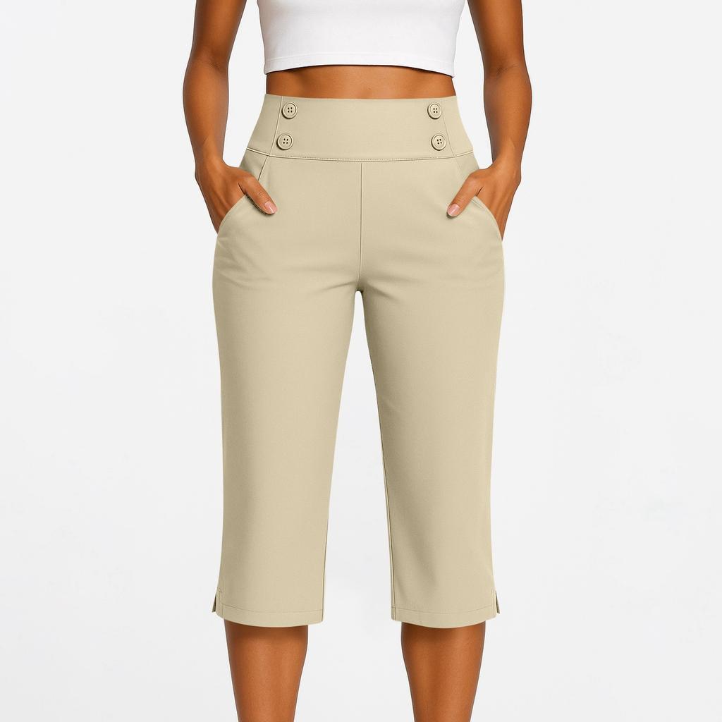 Pantalones de Moda para Mujer de Color Sólido con Bolsillos con Botones y Bajos Divididos Cintura Alta Deportes Yoga Casual Pantalones Recortados