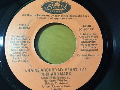 7inch Record RICHARD MARX - Chains Around My Heart 44848 Capitol Records 1991 Barbados Rock Used