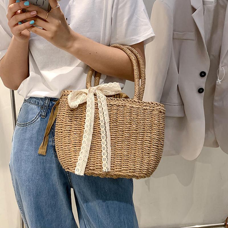 Geantă de mână din dantelă din paie de vară, geantă de plajă din ratan, cu capacitate mare