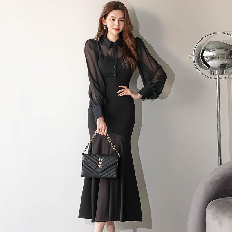 Korean Style Women's Autumn 2023 Slim Fit Ruffle Hem Dress