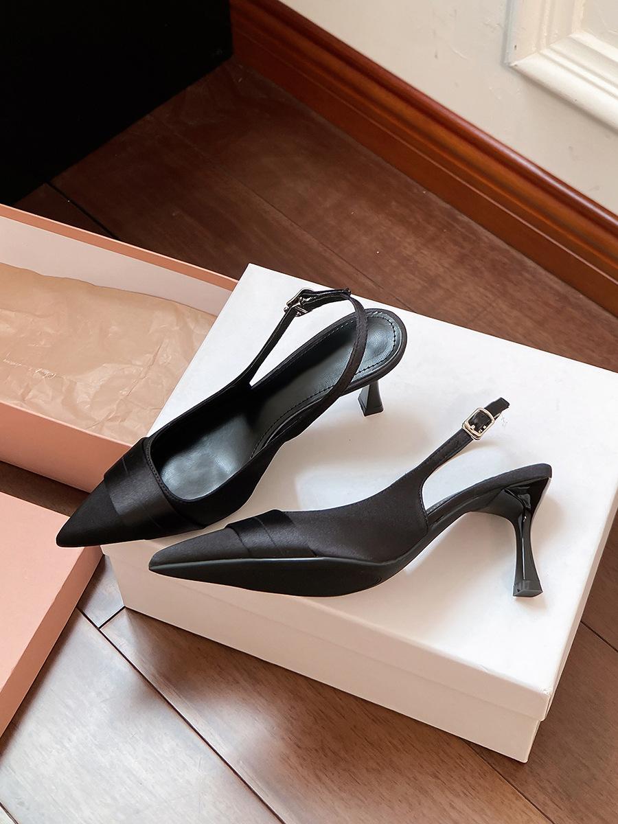 

Sheepskin version~ French pointed high heels women s summer temperament socialite style thin heels empty one-word buckle with bag head sandals 40