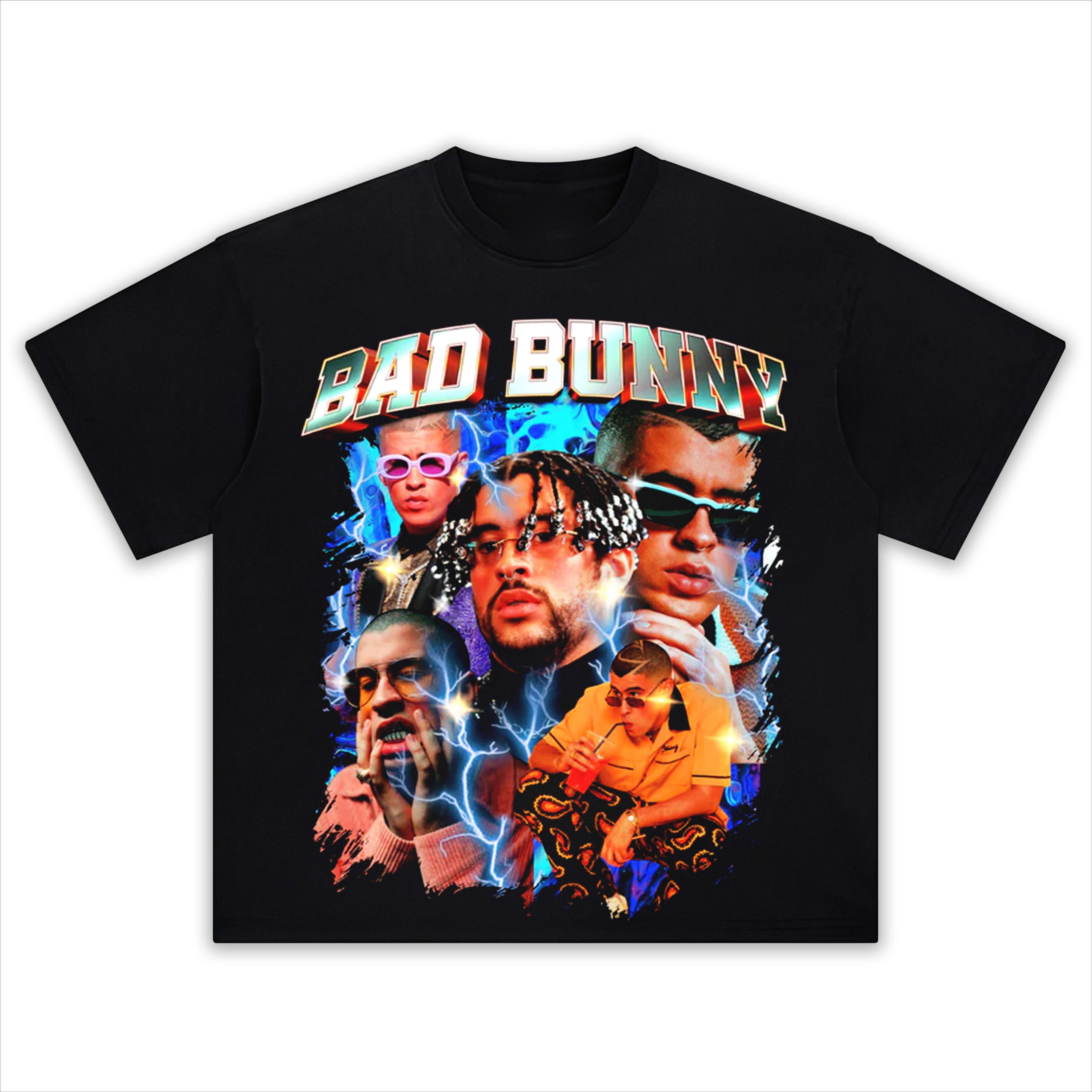 

Retro Bad Bunny Lightning Print T-Shirt Men Women 90s Hip Hop Streetwear Oversized Casual Cotton Graphic Tee Tops S разноцветный