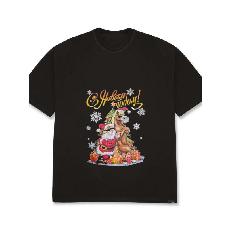 Christmas T-Shirt White Horse and Santa Claus with Tree and Gifts Print New Year Celebration Party Wear