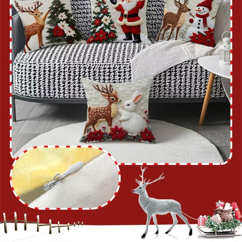 Printed Elk Rabbit Santa Snowman Holiday Decorative Linen Cushion Cover Christmas Pillowcase For Living Room Bedroom