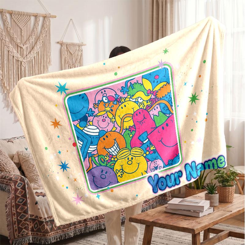 Mr. Men & Little Miss Personalized Flannel Blanket, Custom Printed Text Name, Warm Soft Blanket For Couch Bed