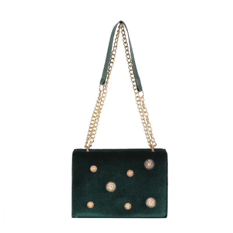 Women's Dark Green Velvet Crossbody Bag, Sunburst Stud Square Shoulder Bag with Gold Chain Strap