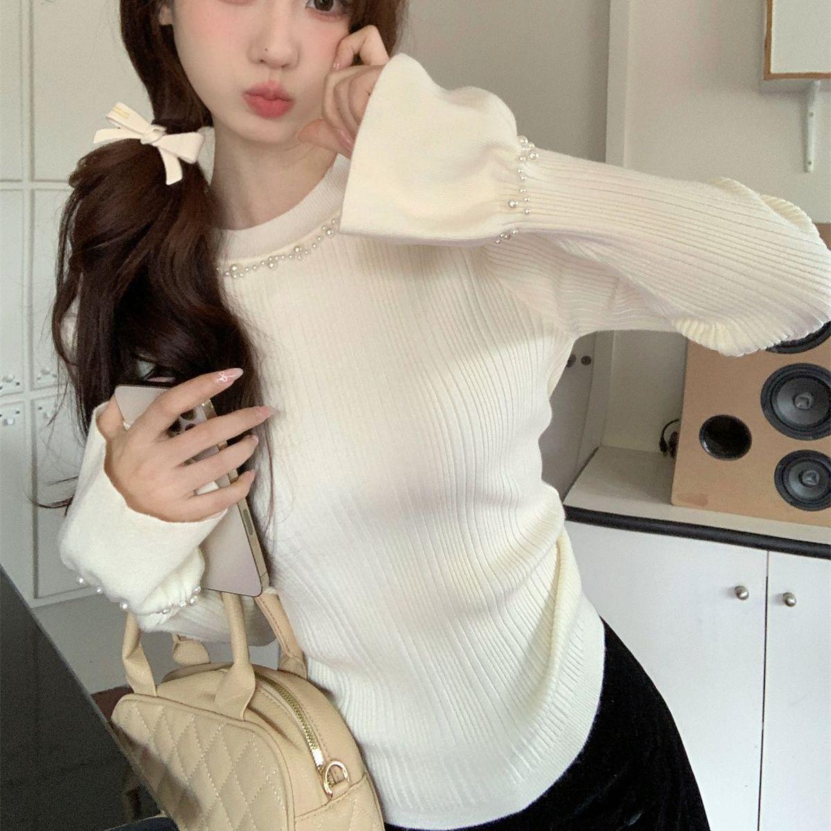 

Элегантный вязаный свитер с рукавами-колокольчиками, украшенный бисером - Модный облегающий топ для женщин на раннюю весну One size