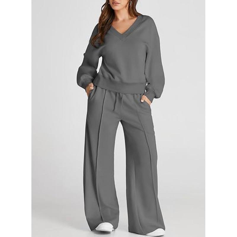 Conjunto Casual de Sudadera de Color Sólido con Cuello en V y Pantalones Largos para Mujer Otoño/Invierno 2025 - Moda Europea/Americana