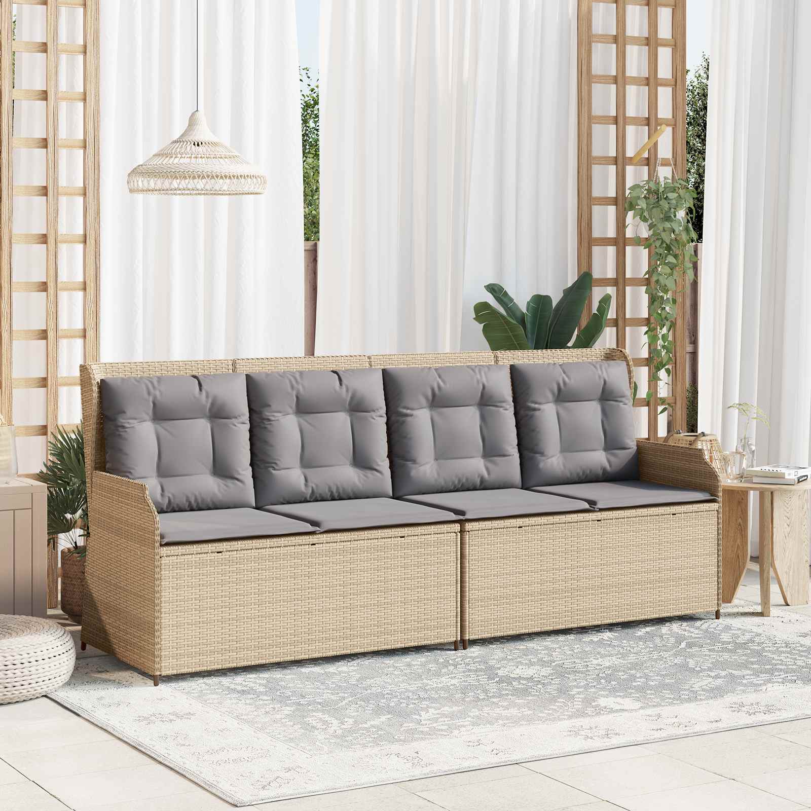 vidaXL Garden Bench with Cushions Beige and Grey Poly Rattan