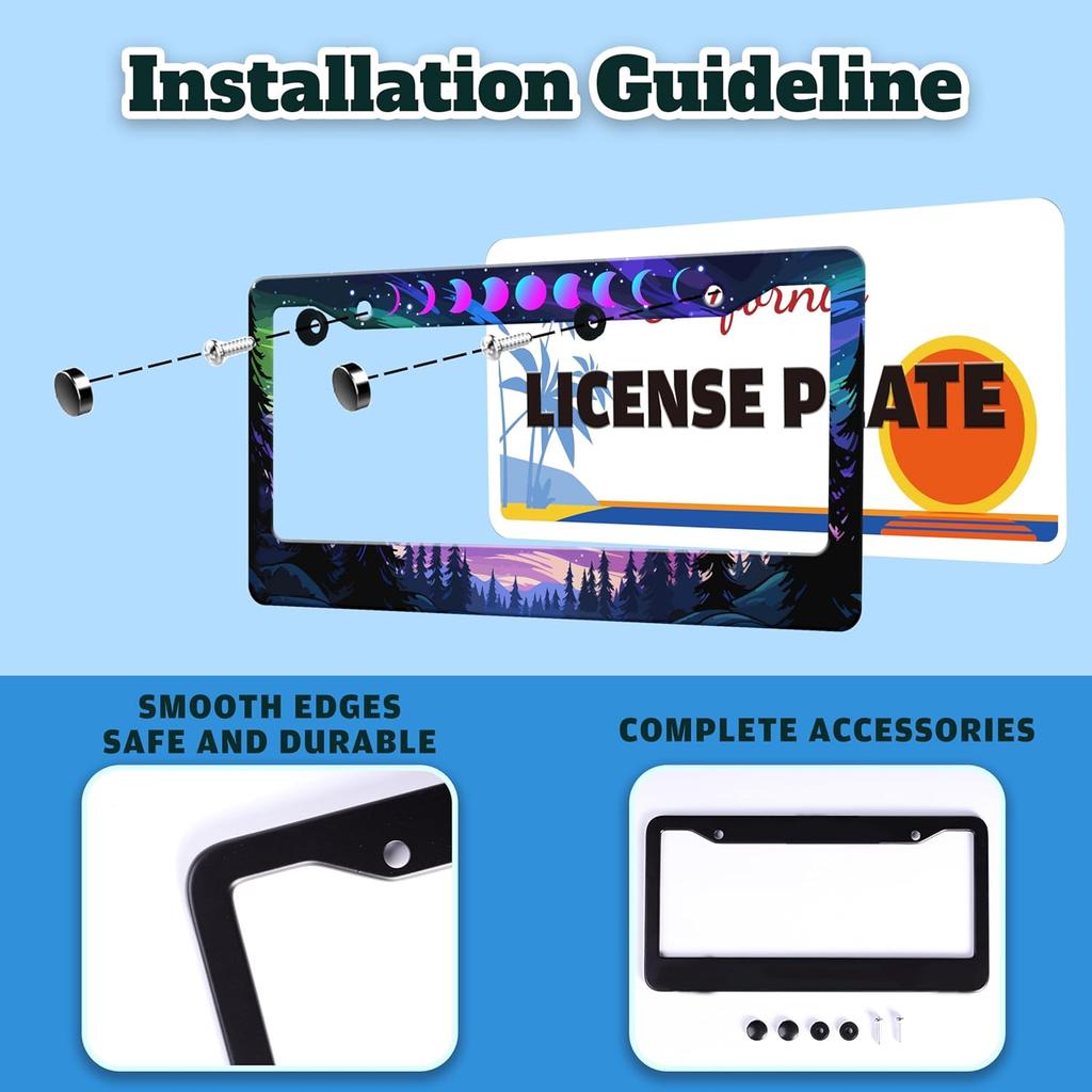 Moon Phases Aurora Forest License Plate Frame Night Sky Stainless Steel License Plate Holder For Front Or Rear Car Tags Funny For Car Decoration