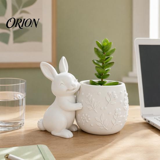 Maceta Verde Pequeña Conejo Abrazando Suculentas Impresa en 3D, Flor de Conejo Linda con Cuerpo Floral Compacto en Relieve, Decoración de Escritorio Mini para