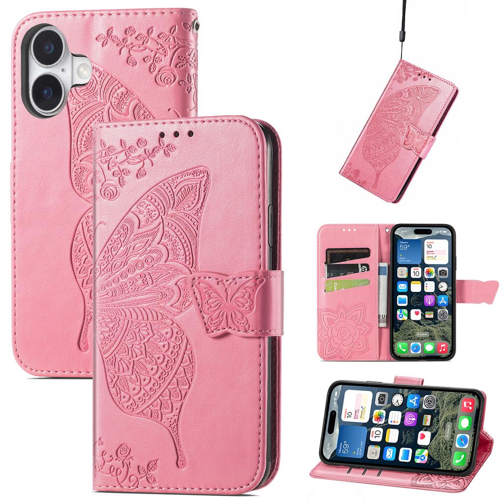 For iPhone 16 Case PU Leather Wallet Phone Cover Butterfly Pattern
