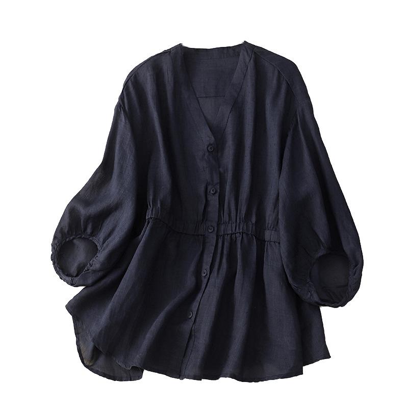 2025 Spring/Summer Women's V-neck Waist-Cinching Cotton Linen Top - Loose, Slimming, Versatile, Five-Sleeve Shirt
