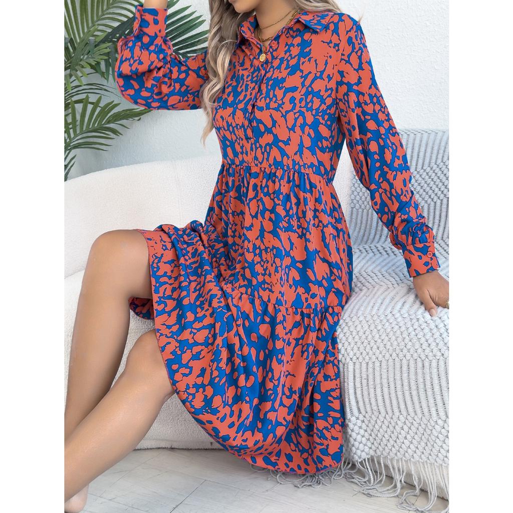 QICED Autumn and Winter Casual Loose, Color-blocking Leopard Print Long-sleeved Shirt Dress for Women