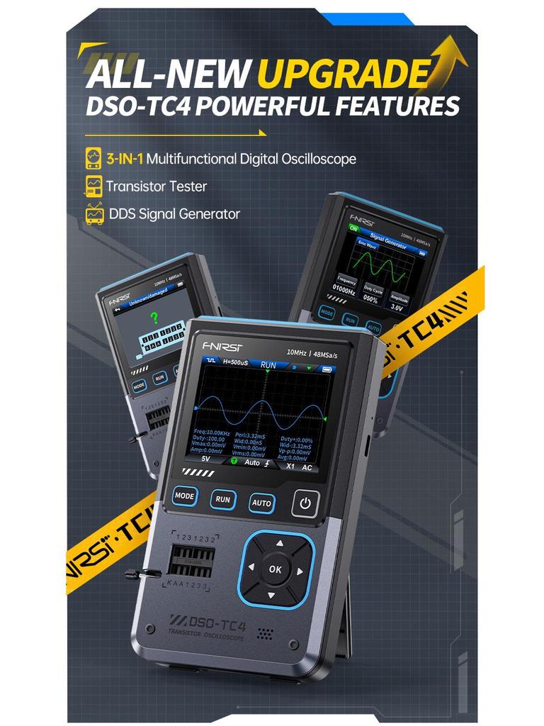 FNIRSI DSO-TC4 3-in-1 Oscilloscope, Transistor Tester, Signal Generator, 10M Bandwidth, Burn-Proof
