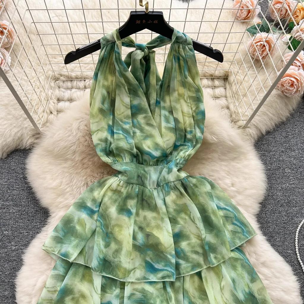 Summer Green Tie Dye Chiffon Cascading Ruffles Beach Sundress Women's  Halter Bandage Backless Print Cake Long Holiday Dresses Buy cheaply on Joom