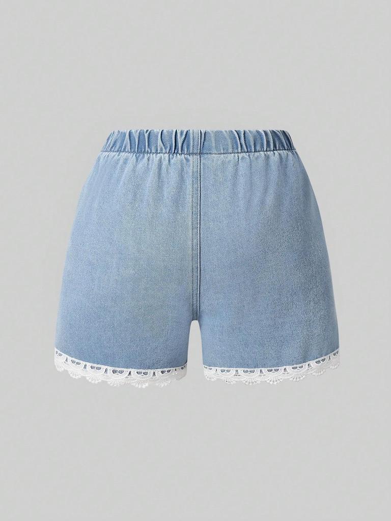 Single-pack girls' casual, comfortable, versatile, cute lace-trimmed denim shorts