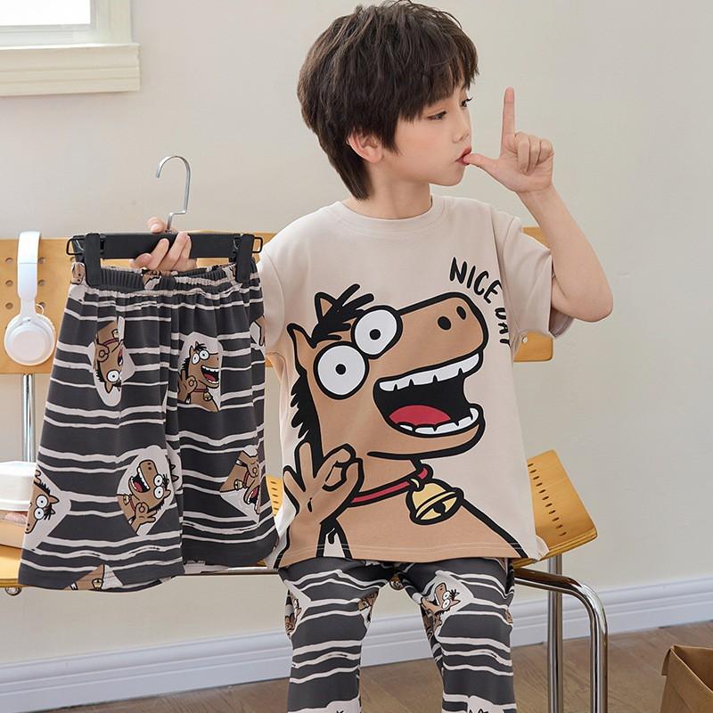 Boys Cotton Short Sleeve 3-Piece Pajama Set Sleepwear Kids Teens Cartoon Print Lightweight Home Wear