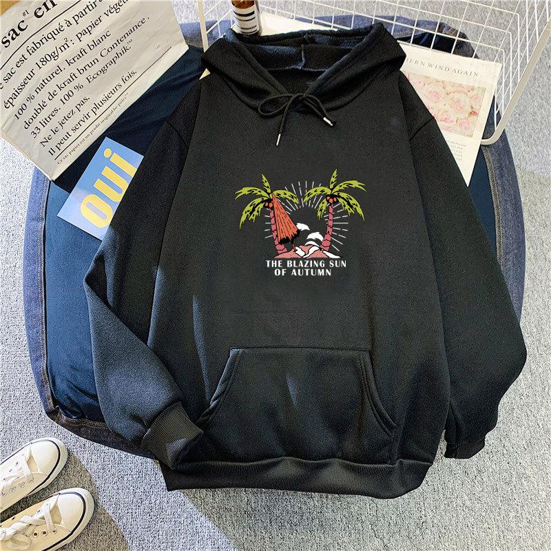 Women's Black Hooded Hoodie for Autumn Winter Plush Oversized Pattern Print Long Sleeve Pullover Sweatshirt