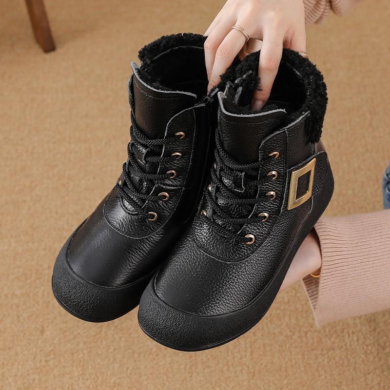 Johnature Retro Round Toe Side Zipper Plush Warm Short Boots Genuine Leather Soft Soled Women's Boots