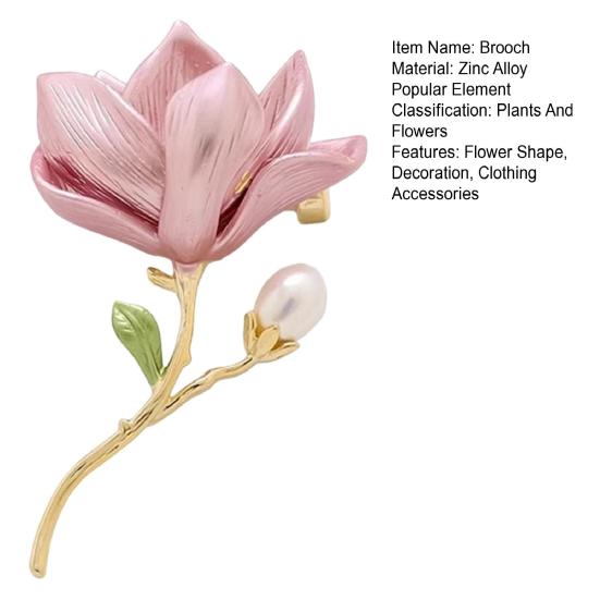 Magnolia Flower Brooch Zinc Alloy Faux Pearl Flower Lapel Pin Sweater Cardigan Coat Business Suit Decoration Men Women Clothing
