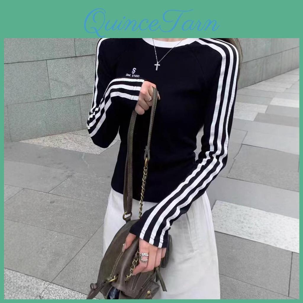 Stripe Three Modal Autumn Spring Print Long Sleeve Tee Women Round Neck Casual Warm Base Layer Top