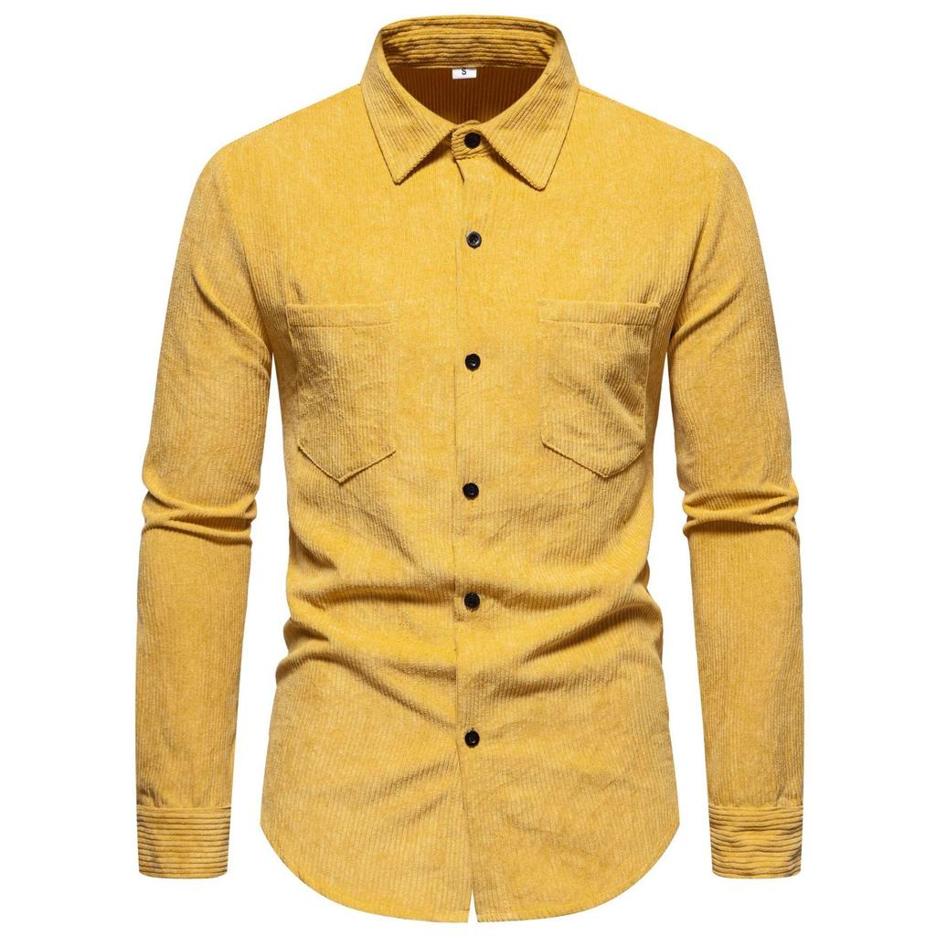 Men's Retro Solid Color Shirts Long Sleeve Shirt Jacket Casual Business Shirt for Men Lightweight Work Corduroy Lapel Shirts