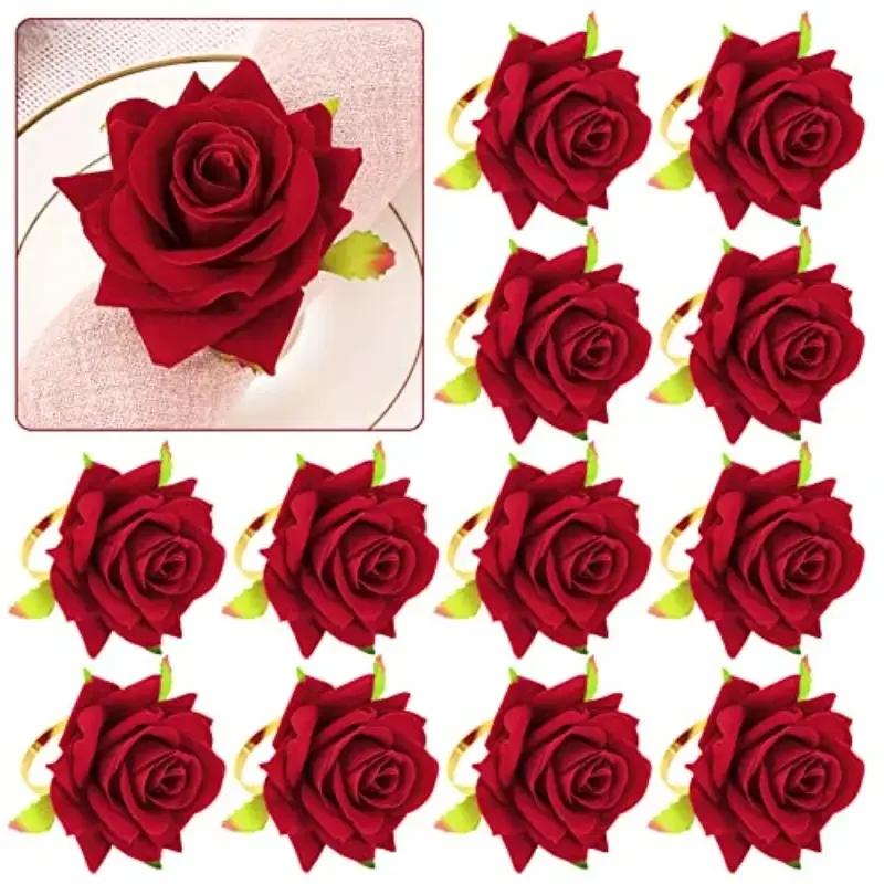 6-24PCS Rose Flower Napkin Rings Romantic Table Holders Elegant Wedding Party Valentines Day Anniversary Proposal Decor Supplies
