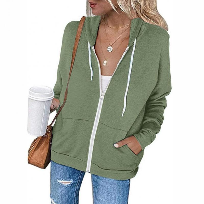 Women S Solid Color Long Sleeve Hooded Zip Up Sweatshirt With Pockets Drawstring