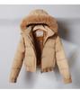 Women's Short Cotton Jacket with Warm Velvet, Fluffy Hood, Big Fur Collar, Petite Winter Outerwear, 2025 Trendy Style.